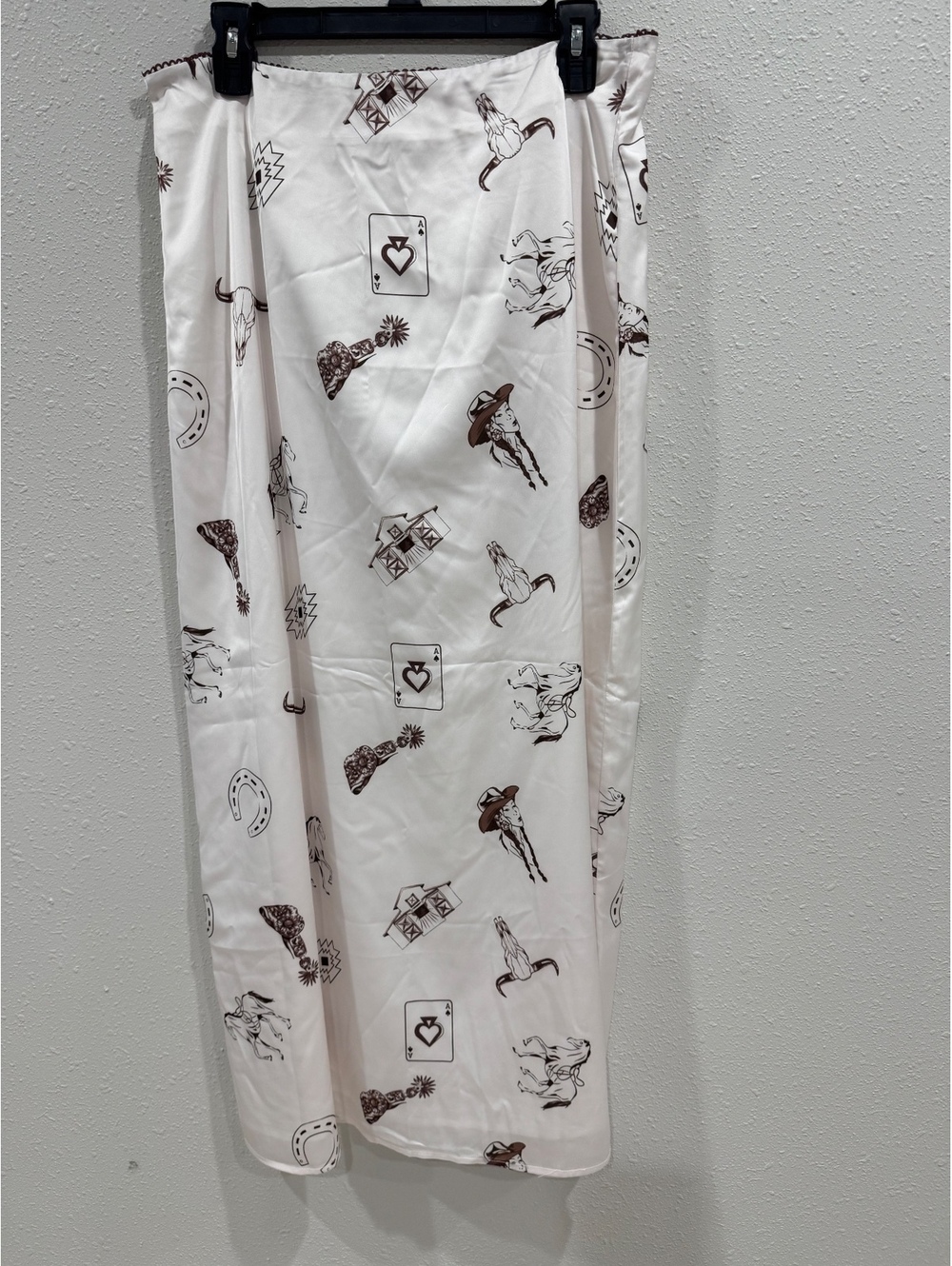 Western Cowgirl Satin Maxi Skirt Size L Ivory Brown Rodeo Country Print